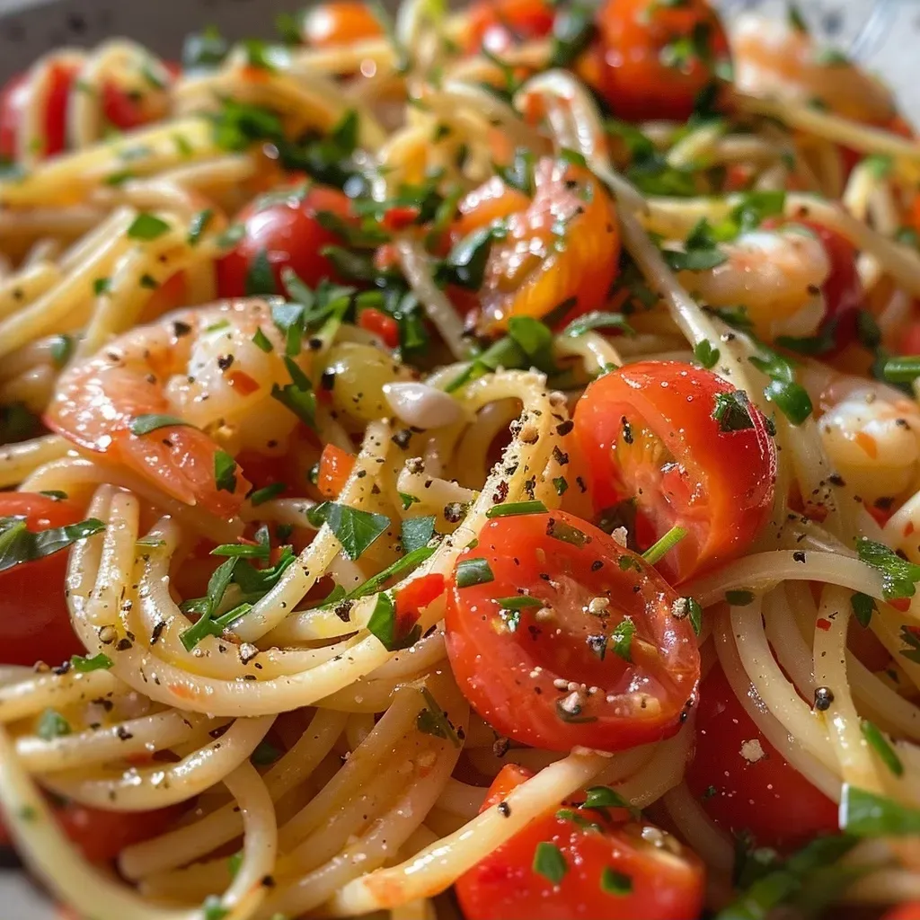 Pasta con camarones y tomates cherry en un plato.