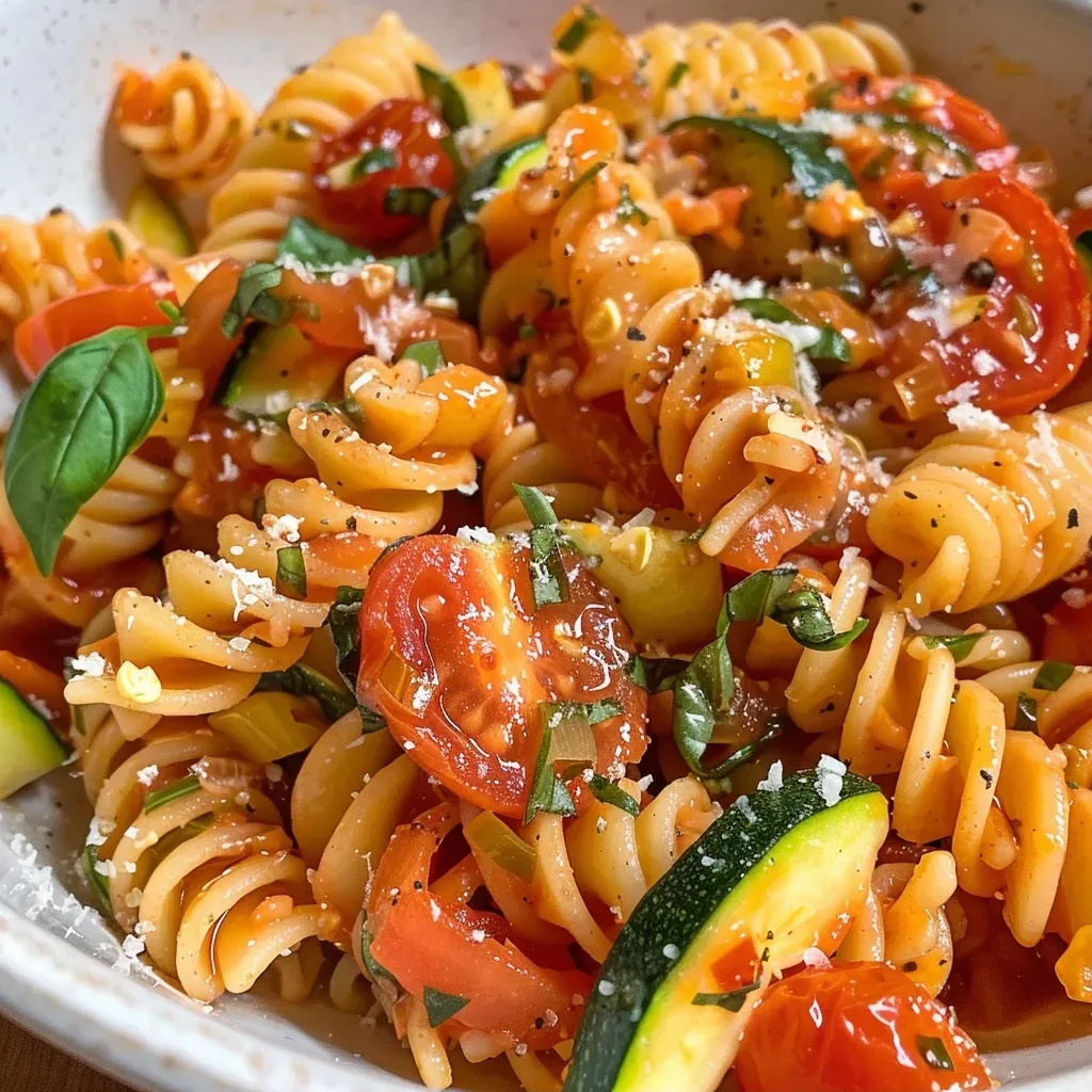 ['Plato de pasta con tomate y calabacín en primer plano.', 'Pasta de tomate y calabacín servida en un bol.', 'Vista lateral de un plato de pasta con vegetales frescos.', 'Close up de pasta rotini con tomates y calabacín.']