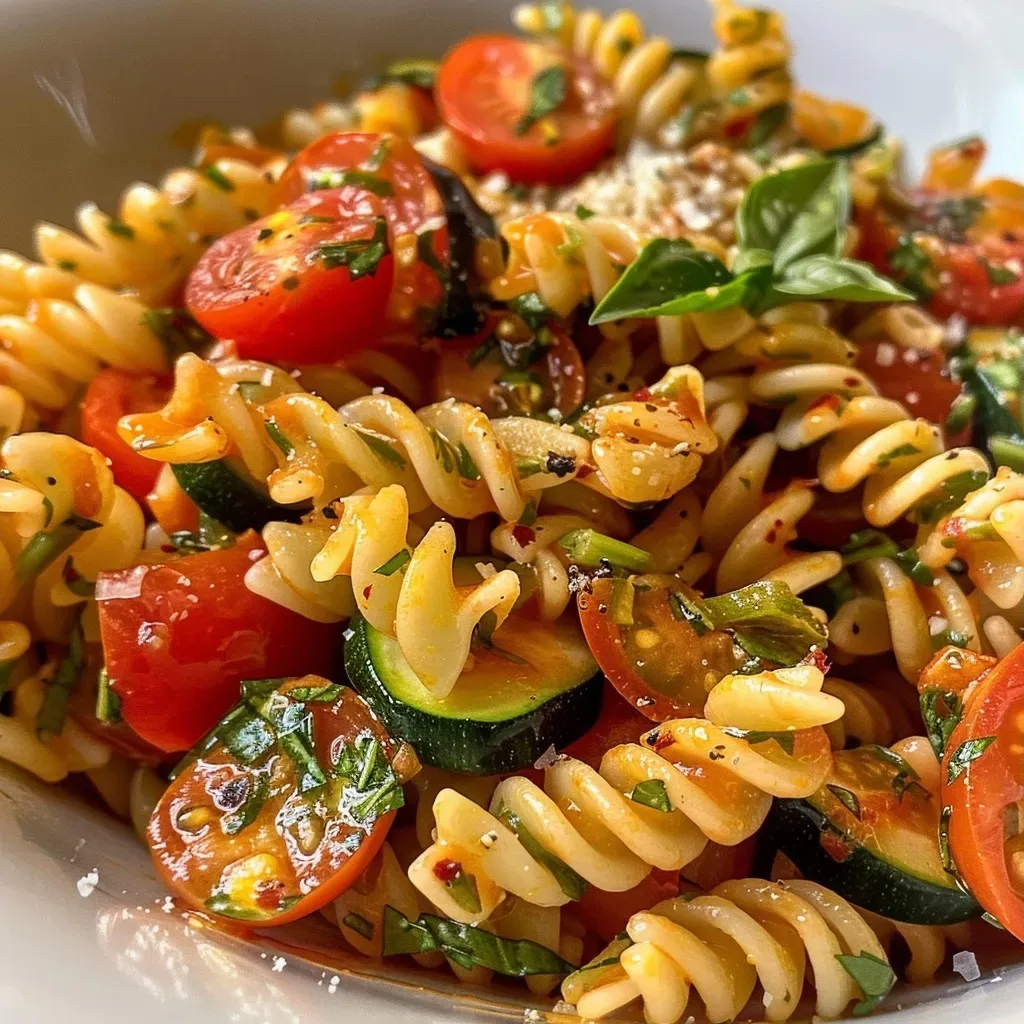 ['Pasta con tomate y calabacín en un plato.', 'Plato de pasta con rodajas de calabacín y tomates cherry.', 'Primer plano de pasta con vegetales frescos.', 'Pasta de rotini con calabacín y tomates en un tazón.']