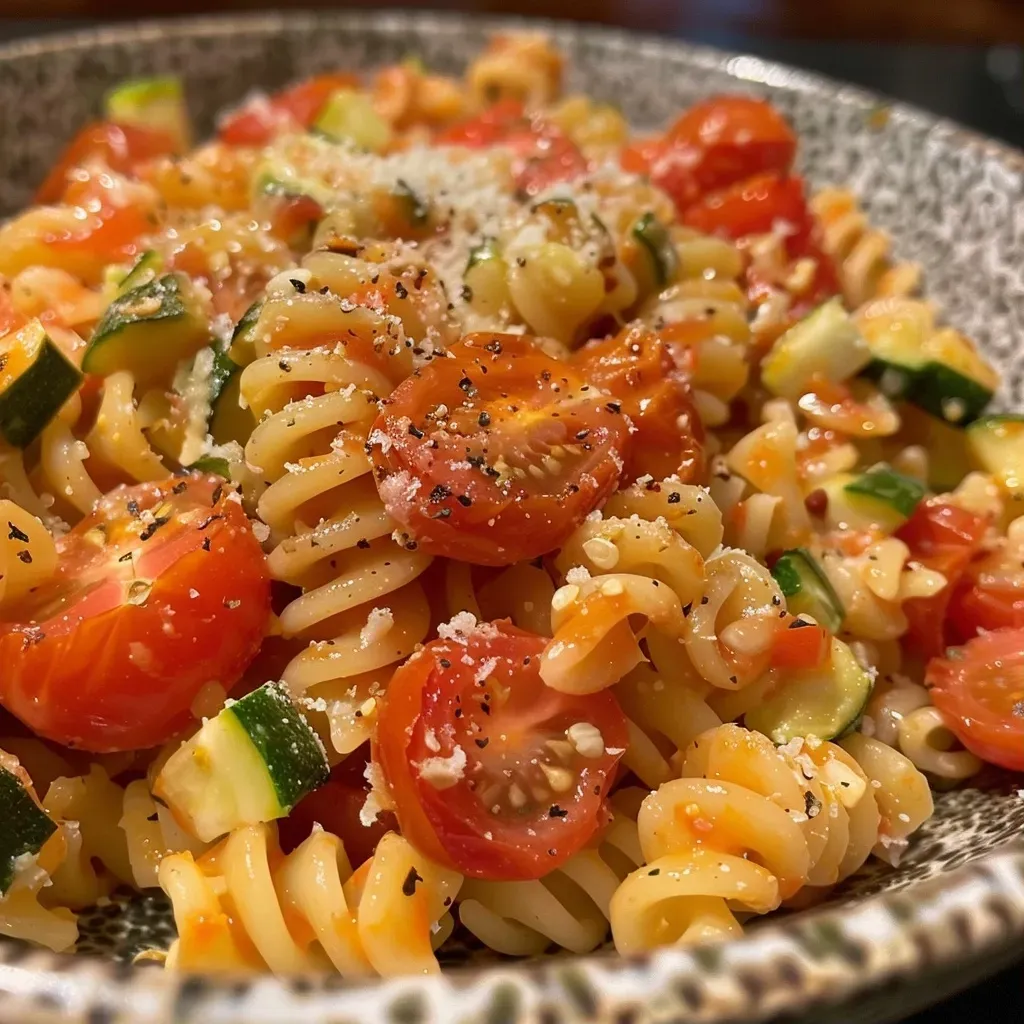 ['Placa de pasta con tomate y calabacín, vista lateral.', 'Pasta de tomate y calabacín servida en un plato, con ingredientes visibles.', 'Primer plano de un plato de pasta con cherry y calabacín.', 'Pasta con calabacín y tomates, presentada de forma apetitosa.']