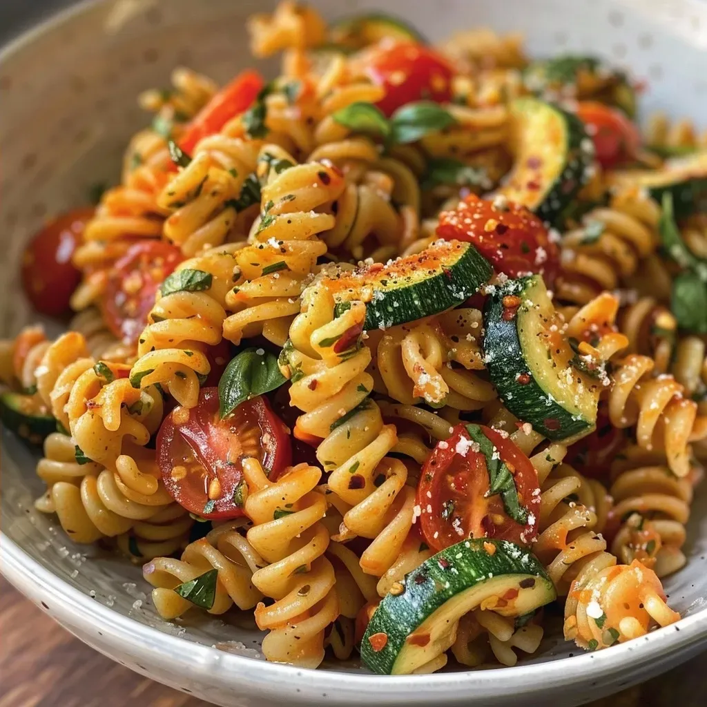 ['Pasta con tomate y calabacín en un plato.', 'Plato de pasta con rodajas de calabacín y tomates cherry.', 'Primer plano de pasta con vegetales frescos.', 'Pasta de rotini con calabacín y tomates en un tazón.']
