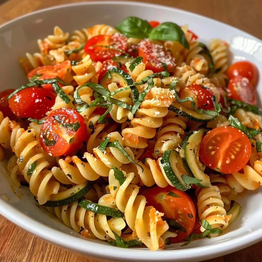 ['Placa de pasta con tomate y calabacín, vista lateral.', 'Pasta de tomate y calabacín servida en un plato, con ingredientes visibles.', 'Primer plano de un plato de pasta con cherry y calabacín.', 'Pasta con calabacín y tomates, presentada de forma apetitosa.']