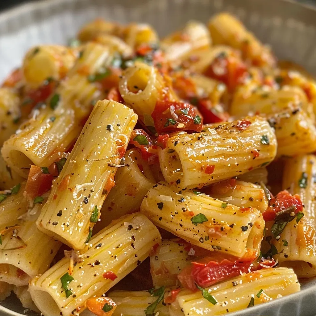 ['Pasta con salsa de pimientos asados en un plato.', 'Primer plano de pasta en salsa roja cremosa.', 'Tazón de pasta con pimientos y tomate fresco.', 'Pasta en salsa de pimientos con ingredientes visibles.']