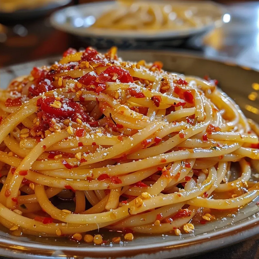 ['Pasta con salsa de pimientos asados en un plato.', 'Primer plano de pasta en salsa roja cremosa.', 'Tazón de pasta con pimientos y tomate fresco.', 'Pasta en salsa de pimientos con ingredientes visibles.']