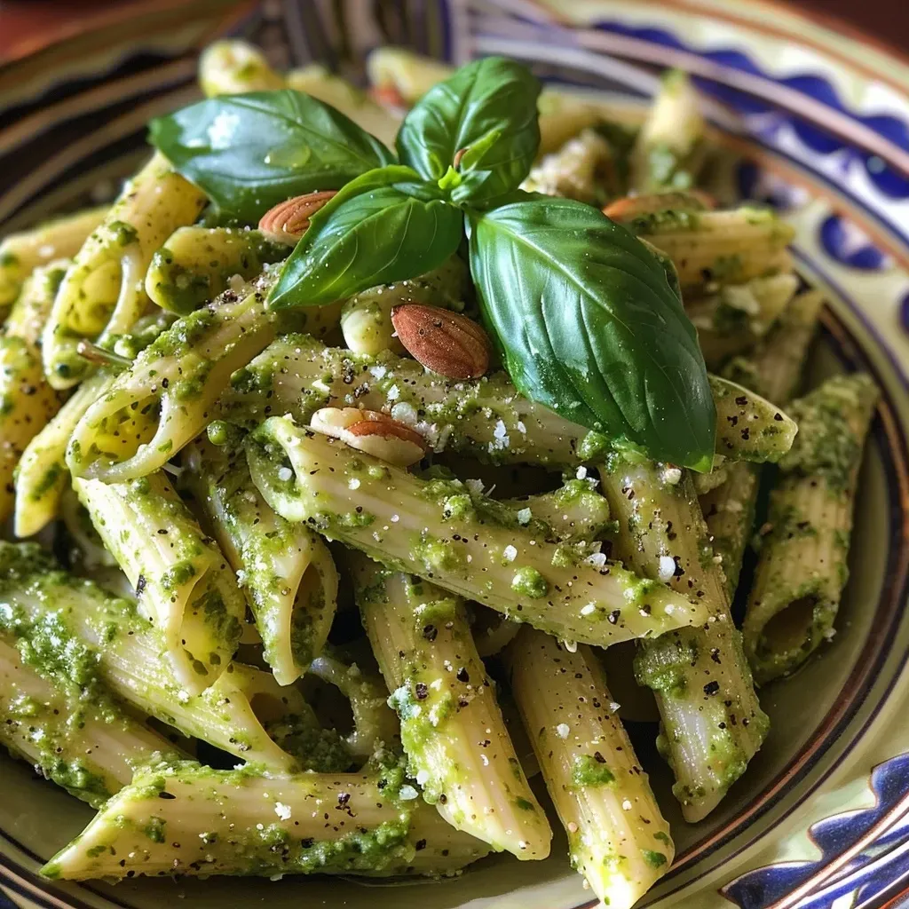 ['Placa de pasta penne cubierta con salsa pesto de aguacate.', 'Tazón de pasta en salsa verde con aguacate y albahaca.', 'Primer plano de pasta mezclada con salsa pesto de aguacate.', 'Pasta penne preparada con aguacate y piñones en un plato.']