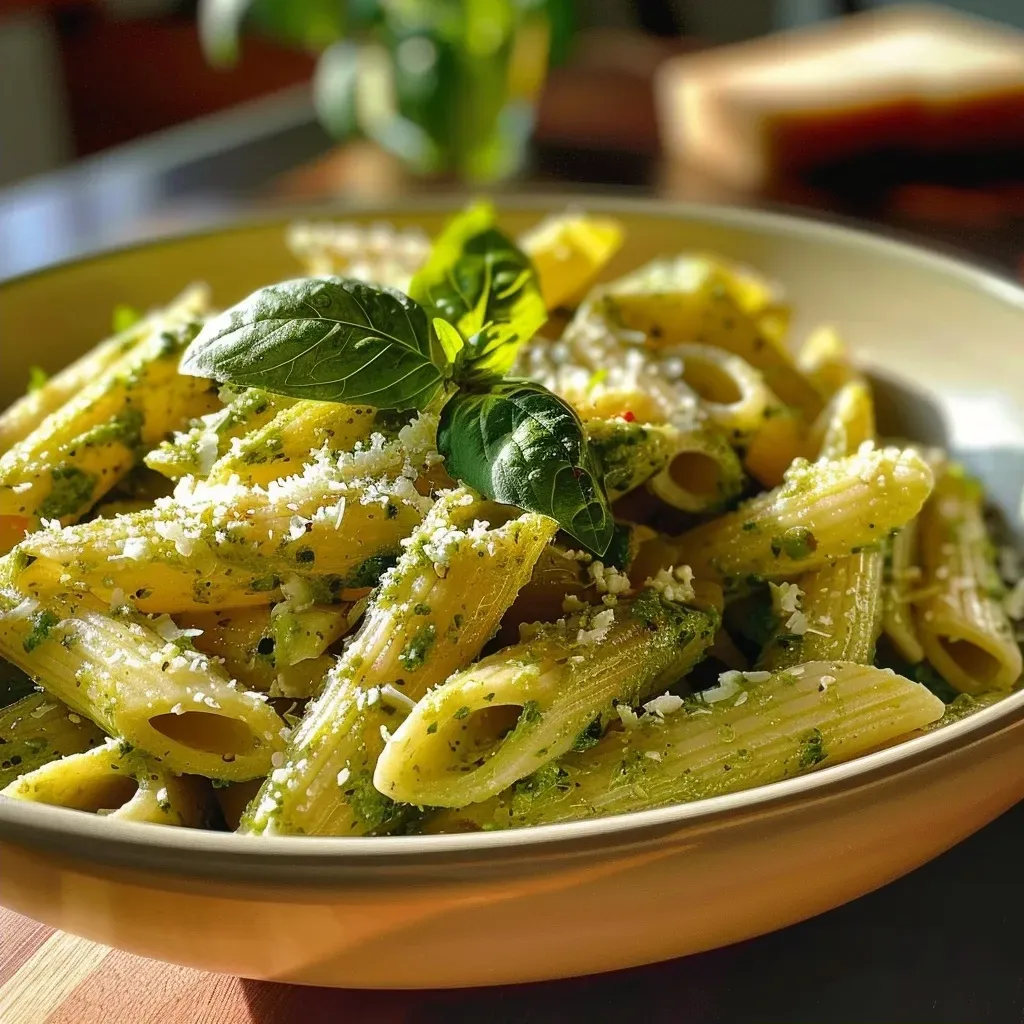 ['Placa de pasta penne cubierta con salsa pesto de aguacate.', 'Tazón de pasta en salsa verde con aguacate y albahaca.', 'Primer plano de pasta mezclada con salsa pesto de aguacate.', 'Pasta penne preparada con aguacate y piñones en un plato.']
