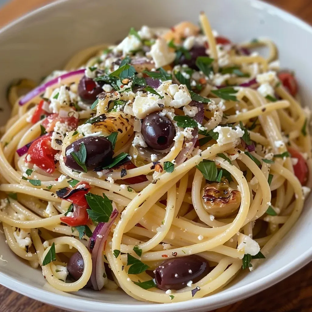 ['Placa de pasta mediterránea con feta y aceitunas.', 'Primer plano de linguine con ingredientes frescos.', 'Pasta con feta, aceitunas y hierbas frescas.', 'Plato colorido de pasta mediterránea con ingredientes naturales.']