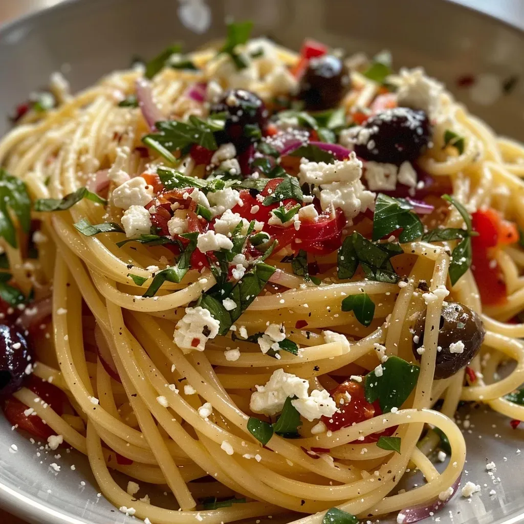 ['Pasta mediterránea con feta y aceitunas presentada en un plato.', 'Primer plano de un plato de pasta con ingredientes frescos incluyendo aceitunas y queso feta.', 'Linguine con feta y aceitunas, resaltando la textura y colores vibrantes.', 'Vista lateral de un plato de pasta mediterránea con una variedad de ingredientes.']