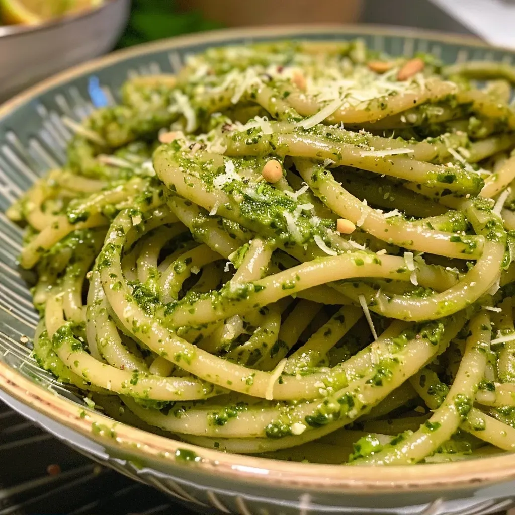 ['Plato de pasta pesto con espinacas, visto de lado.', 'Fetuccini con salsa pesto y espinacas en primer plano.', 'Detalle de un plato de pasta pesto con almendras y queso.', 'Pasta fetuccini con pesto de espinacas y ajo.']