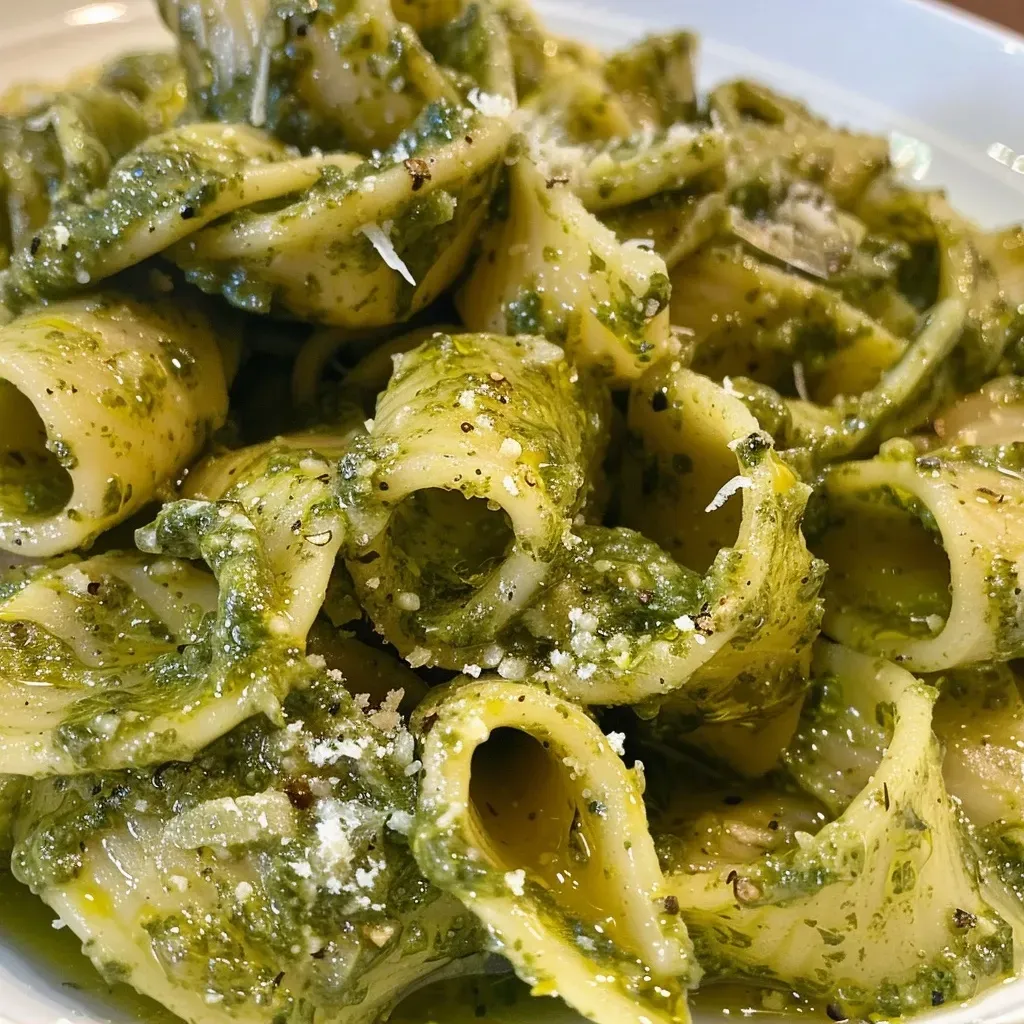 ['Plato de pasta pesto con espinacas, visto de lado.', 'Fetuccini con salsa pesto y espinacas en primer plano.', 'Detalle de un plato de pasta pesto con almendras y queso.', 'Pasta fetuccini con pesto de espinacas y ajo.']