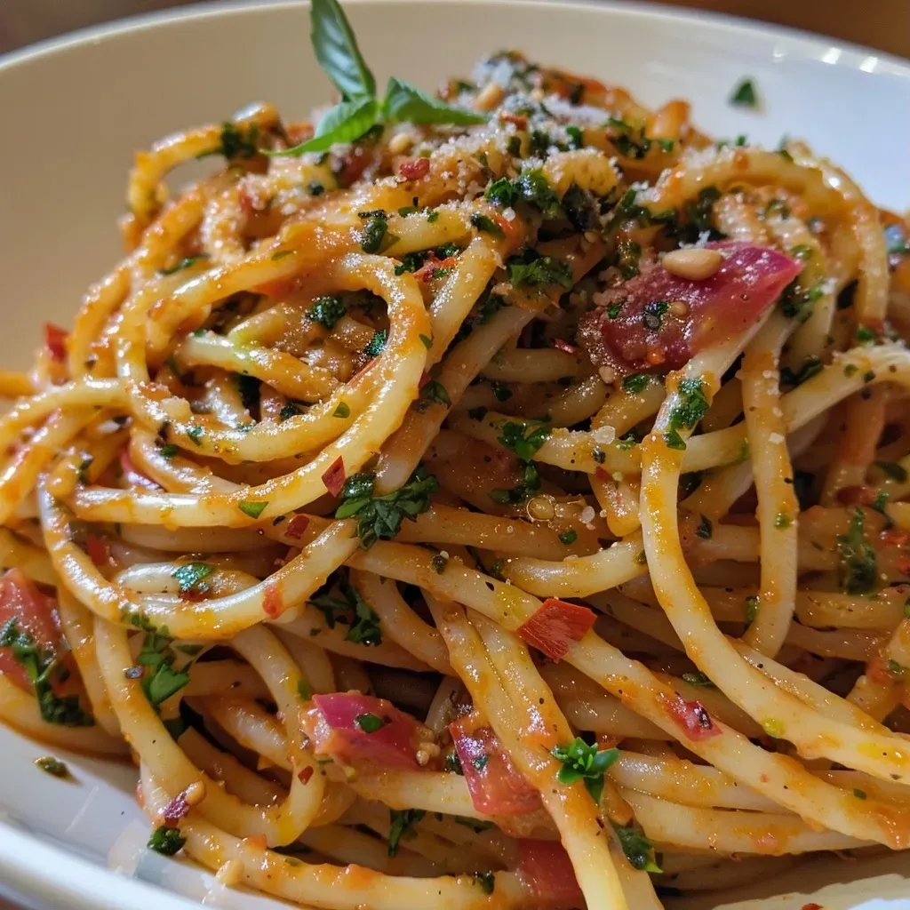 ['Pasta al pesto rojo con ingredientes frescos.', 'Plato de pasta con salsa pesto rojo.', 'Close up de pasta con pesto rojo y albahaca.', 'Pasta con pesto rojo servida en un plato.']