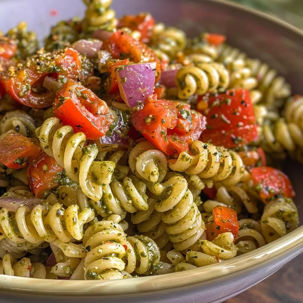 ['Pasta al pesto rojo con ingredientes frescos.', 'Plato de pasta con salsa pesto rojo.', 'Close up de pasta con pesto rojo y albahaca.', 'Pasta con pesto rojo servida en un plato.']