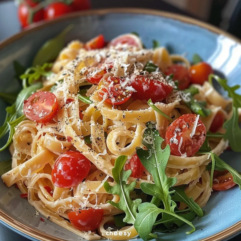 ['Plato de pasta vegana cremosa con tomates secos y vegetales frescos.', 'Fettuccine sin gluten con una salsa cremosa de tomates secos.', 'Detalle de pasta vegana con arúgula y tomates cherry en una mesa.', 'Pasta vegana cremosa con ingredientes frescos y coloridos.']
