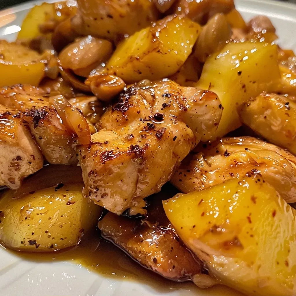 ['Pechuga de pollo jugosa con rodajas de piña y jamón de pavo.', 'Vista lateral de pechuga de pollo con piña y salsa de soya.', 'Primer plano de pechuga de pollo acompañada de piña caramelizada.', 'Plato de pechuga de pollo con piña, jamón y aderezo.']