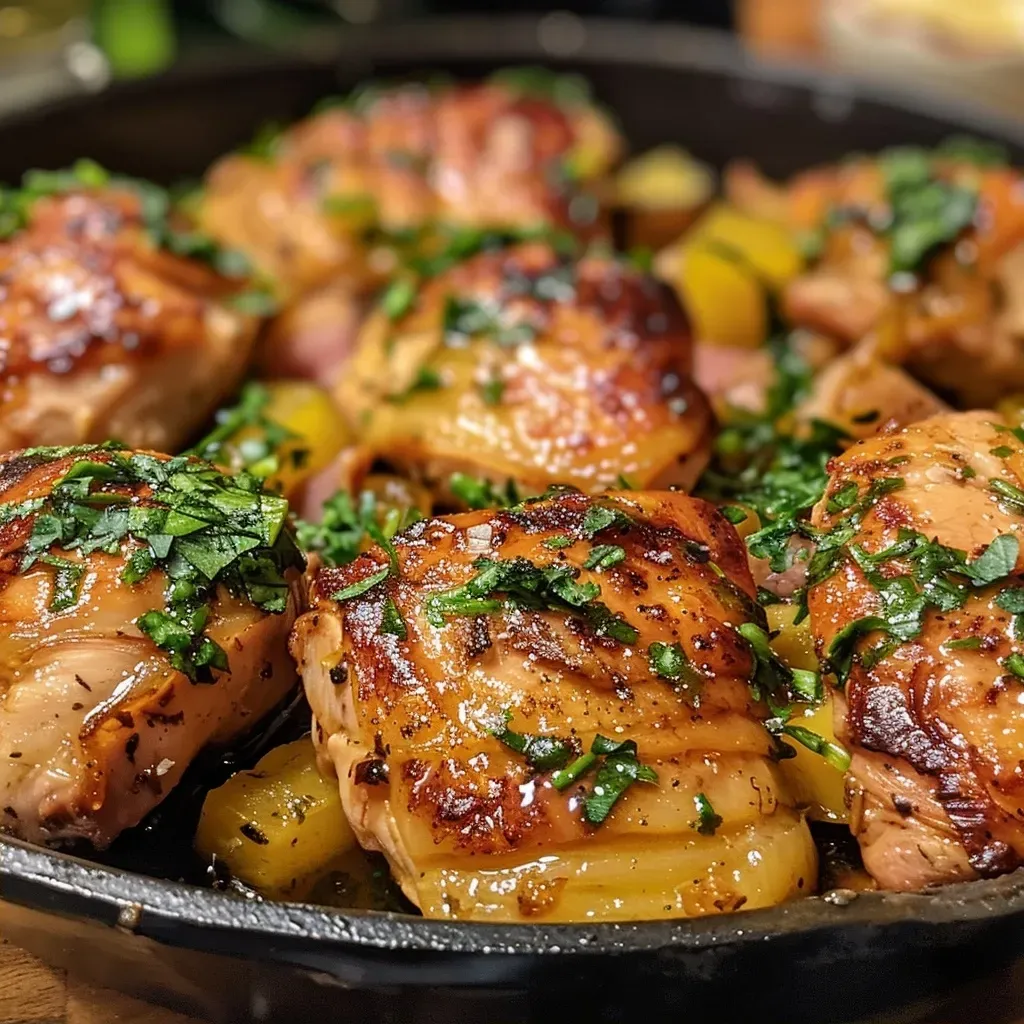 ['Pechuga de pollo jugosa con rodajas de piña y jamón de pavo.', 'Vista lateral de pechuga de pollo con piña y salsa de soya.', 'Primer plano de pechuga de pollo acompañada de piña caramelizada.', 'Plato de pechuga de pollo con piña, jamón y aderezo.']