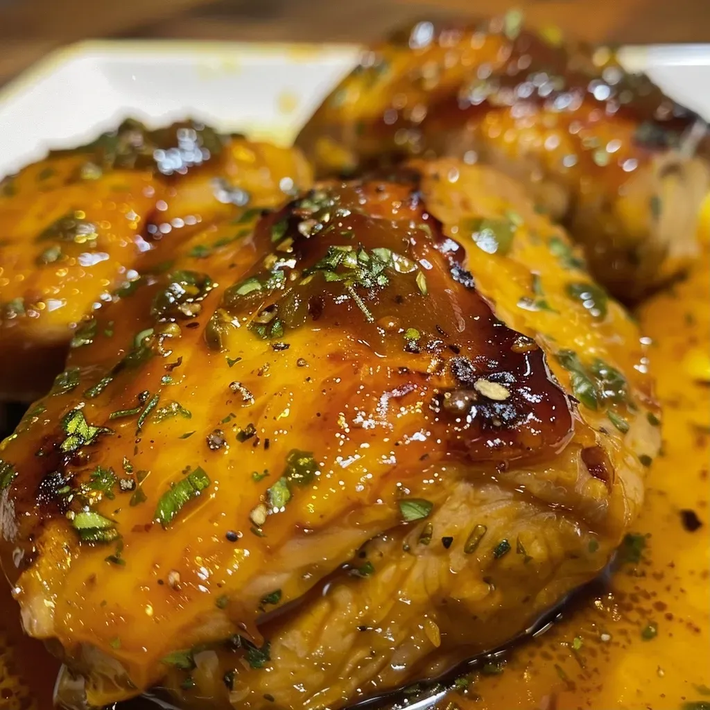 ['Pechuga de pollo bañada en salsa de melocotón.', 'Primer plano de pechuga de pollo con salsa de melocotón.', 'Pechuga de pollo en salsa de melocotón, vista lateral.', 'Pechuga de pollo jugosa con salsa de melocotón.']