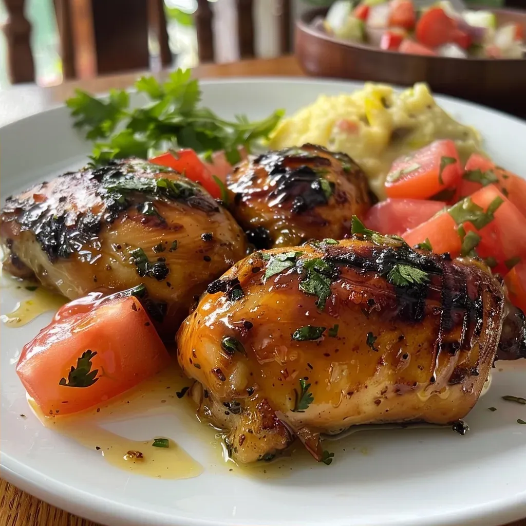 ['Pechuga de pollo bañada en salsa de melocotón.', 'Primer plano de pechuga de pollo con salsa de melocotón.', 'Pechuga de pollo en salsa de melocotón, vista lateral.', 'Pechuga de pollo jugosa con salsa de melocotón.']