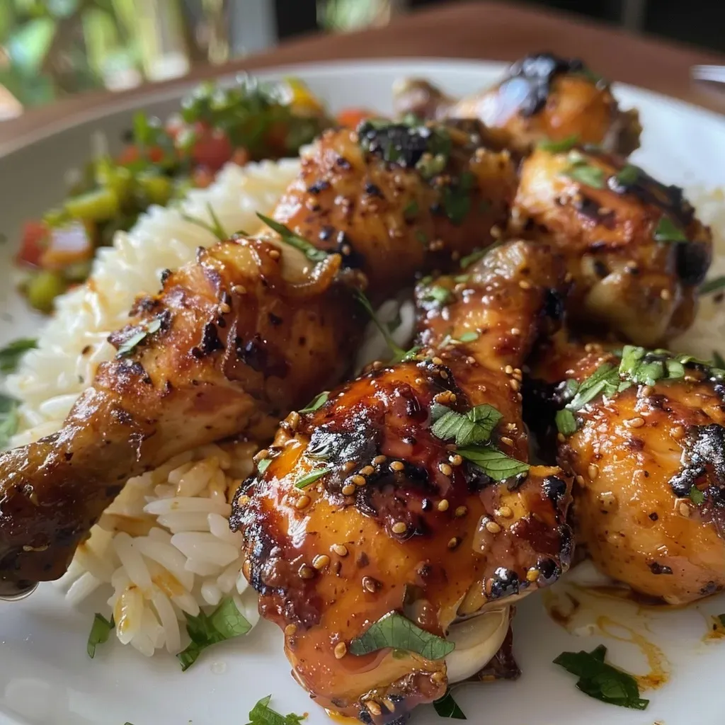 ['Pollo a la BBQ con miel acompañado de arroz y verduras.', 'Plato de pollo bañado en salsa BBQ y miel con arroz al lado.', 'Close up de muslos de pollo en salsa BBQ y miel, servido con arroz.', 'Pollo a la BBQ con miel presentado con arroz y verduras frescas.']