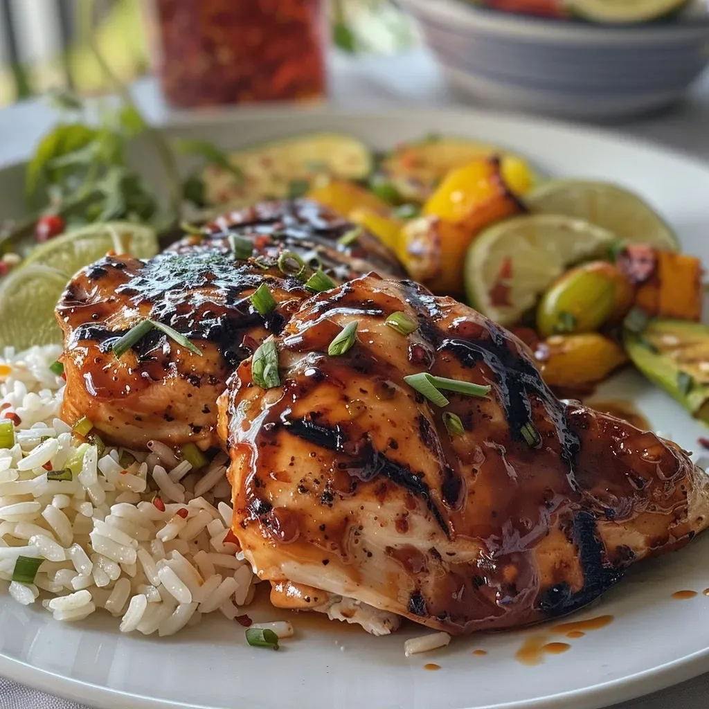 ['Pollo a la BBQ con miel acompañado de arroz y verduras.', 'Plato de pollo bañado en salsa BBQ y miel con arroz al lado.', 'Close up de muslos de pollo en salsa BBQ y miel, servido con arroz.', 'Pollo a la BBQ con miel presentado con arroz y verduras frescas.']