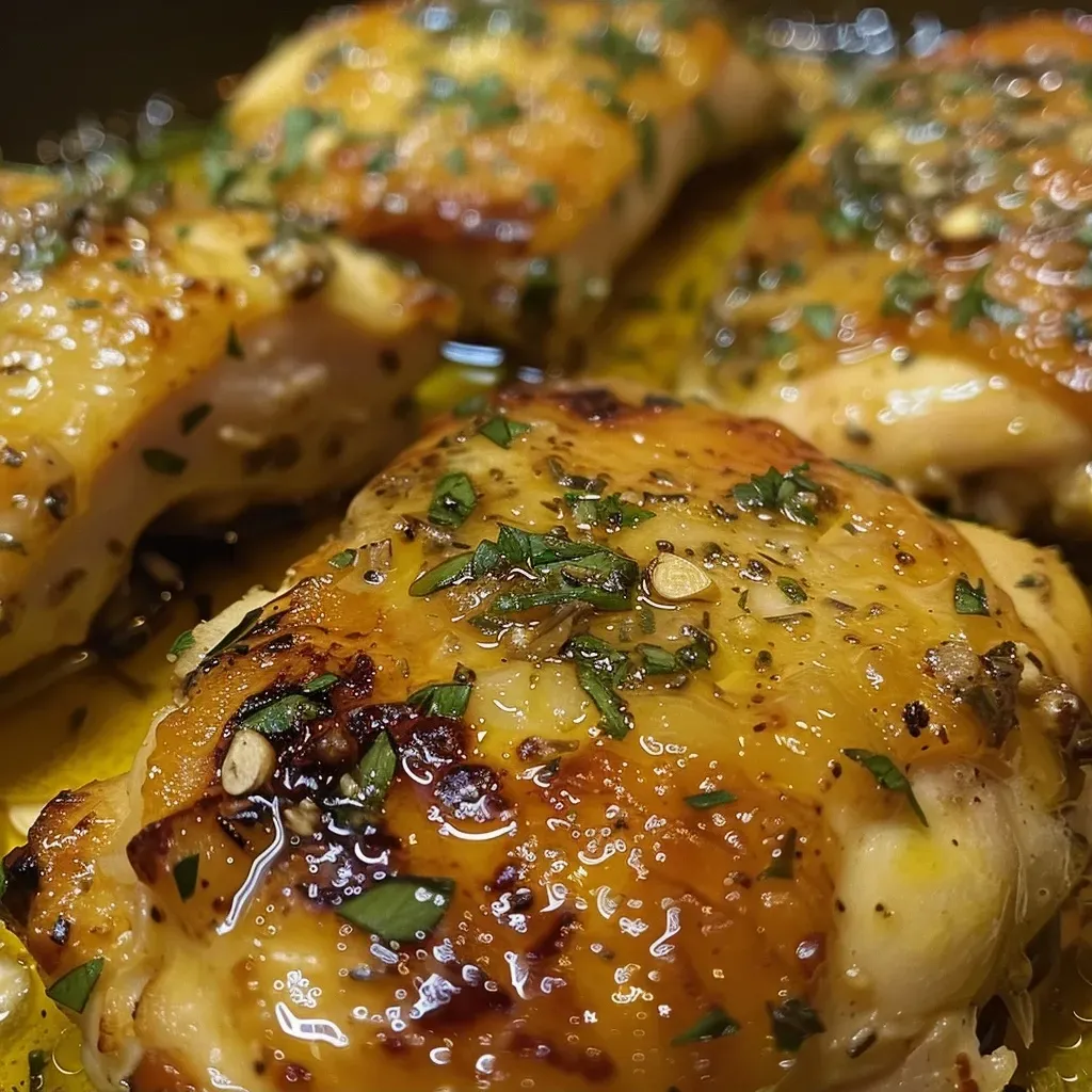 ['Muslos de pollo al horno con aceitunas y hierbas frescas.', 'Close up de Pollo a la Mediterránea jugoso y bien presentado.', 'Receta de pollo al horno con ajo y limón, vista lateral.', 'Detalle de pollo a la Mediterránea con ingredientes frescos.']