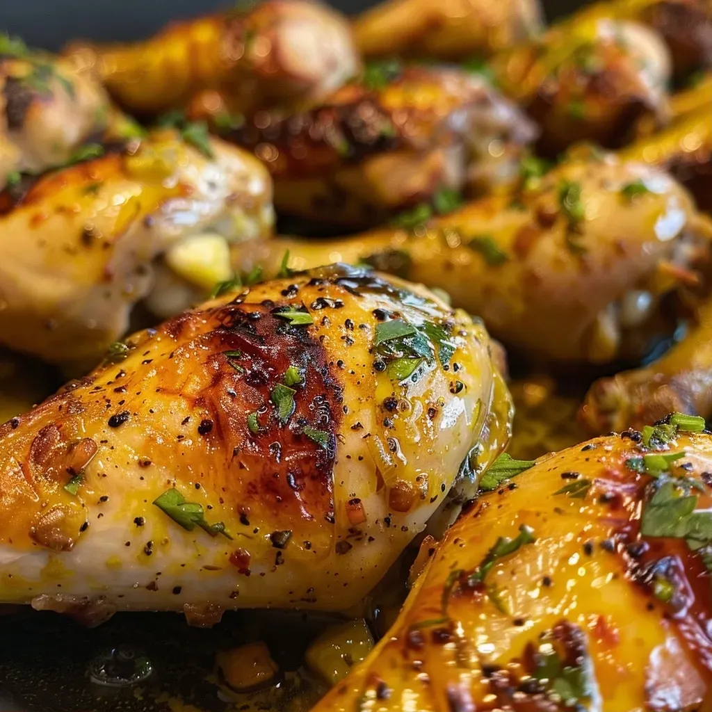 ['Muslos de pollo cocinados al horno con hierbas mediterráneas.', 'Primer plano de pollo al horno con aceitunas y ajo.', 'Vista lateral de una porción de pollo a la mediterránea.', 'Platos de pollo al horno con ingredientes mediterráneos.']