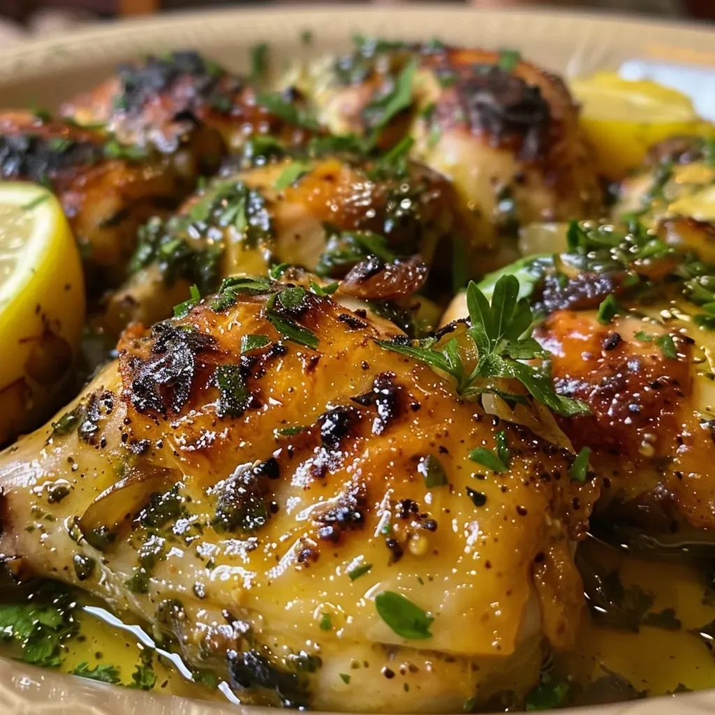 Muslos de pollo al horno con aceitunas y hierbas frescas.