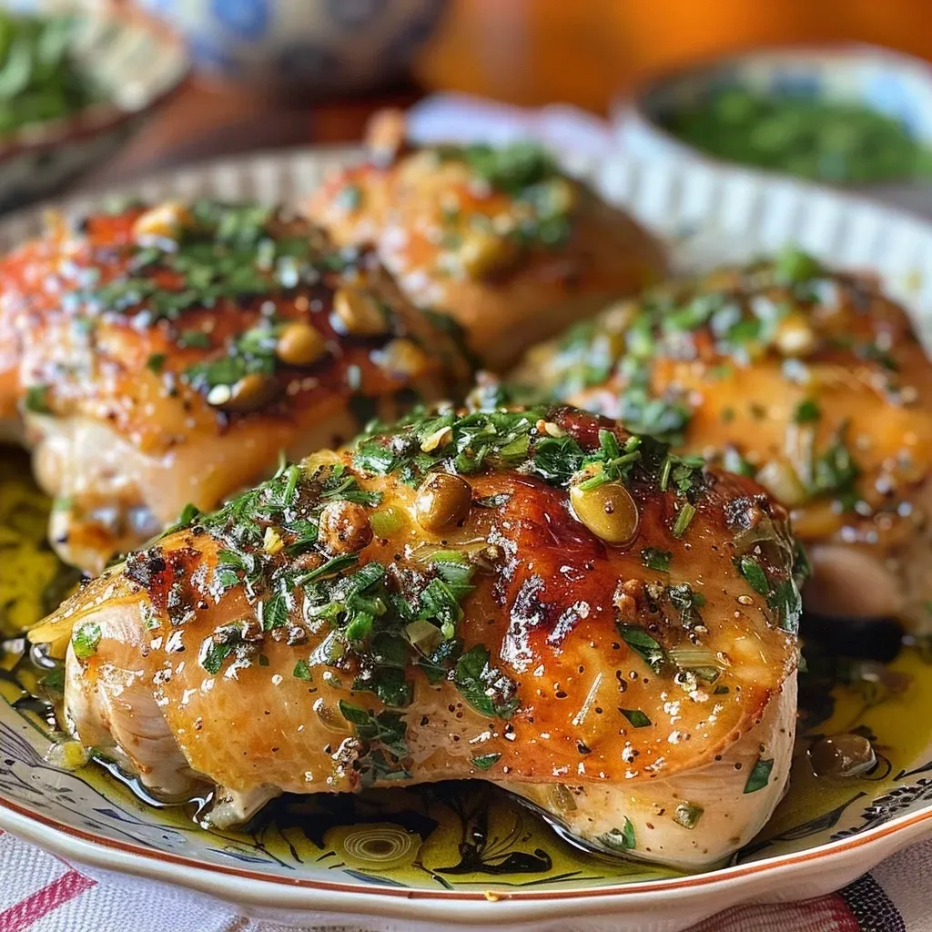 ['Muslos de pollo al horno con hierbas y aceitunas.', 'Pollo a la Mediterránea con sabor y colores vibrantes.', 'Porción de pollo jugoso con aceitunas y limón.', 'Receta de pollo al horno con ingredientes mediterráneos.']