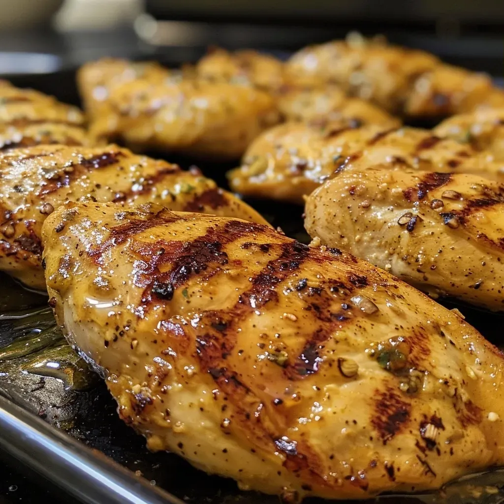 ['Pechuga de pollo a la mostaza y miel a la parrilla, jugosa y dorada.', 'Primer plano de pollo a la mostaza y miel caramelizado a la parrilla.', 'Filetes de pollo marinados y asados con salsa de mostaza y miel.', 'Pollo a la parrilla con glaseado de mostaza y miel, presentado en un plato.']