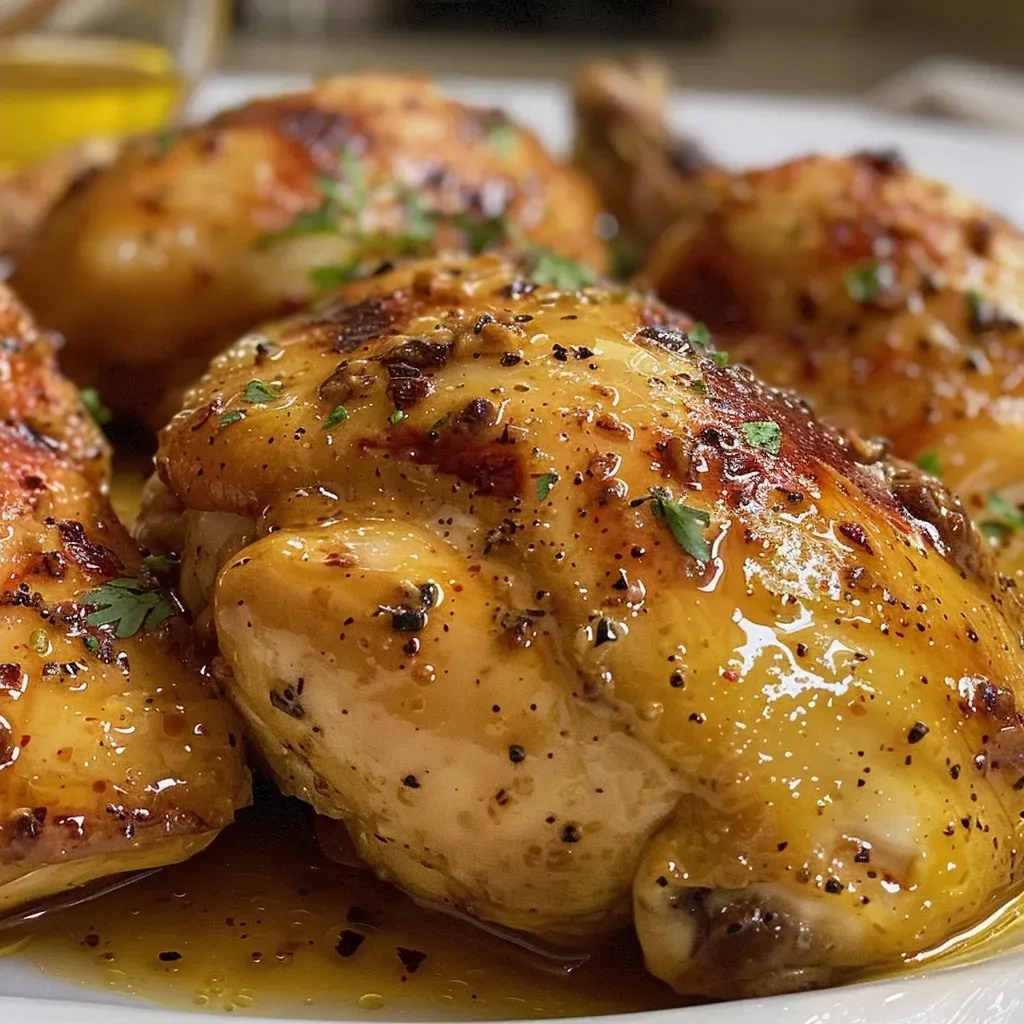 ['Pechuga de pollo a la mostaza y miel a la parrilla, jugosa y dorada.', 'Primer plano de pollo a la mostaza y miel caramelizado a la parrilla.', 'Filetes de pollo marinados y asados con salsa de mostaza y miel.', 'Pollo a la parrilla con glaseado de mostaza y miel, presentado en un plato.']