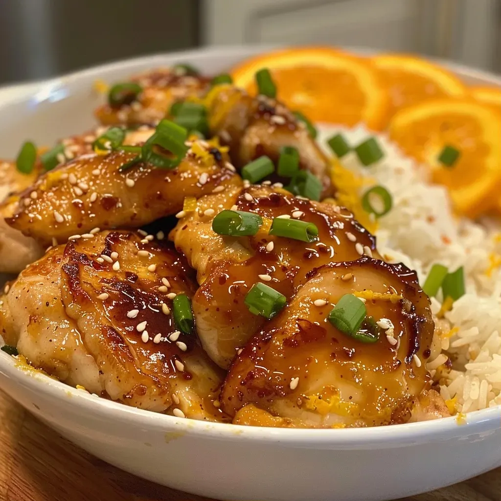 ['Pollo a la naranja fácil en un plato, con salsa brillante y decoraciones.', 'Primer plano de pollo a la naranja jugoso con un fondo desenfocado.', 'Trozos de pollo a la naranja en una salsa dorada, servidos con arroz.', 'Vista lateral de pollo a la naranja, con ingredientes frescos alrededor.']