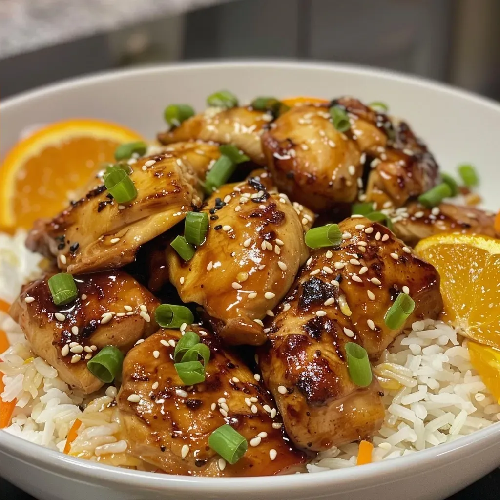 ['Pollo a la naranja fácil en un plato, con salsa brillante y decoraciones.', 'Primer plano de pollo a la naranja jugoso con un fondo desenfocado.', 'Trozos de pollo a la naranja en una salsa dorada, servidos con arroz.', 'Vista lateral de pollo a la naranja, con ingredientes frescos alrededor.']