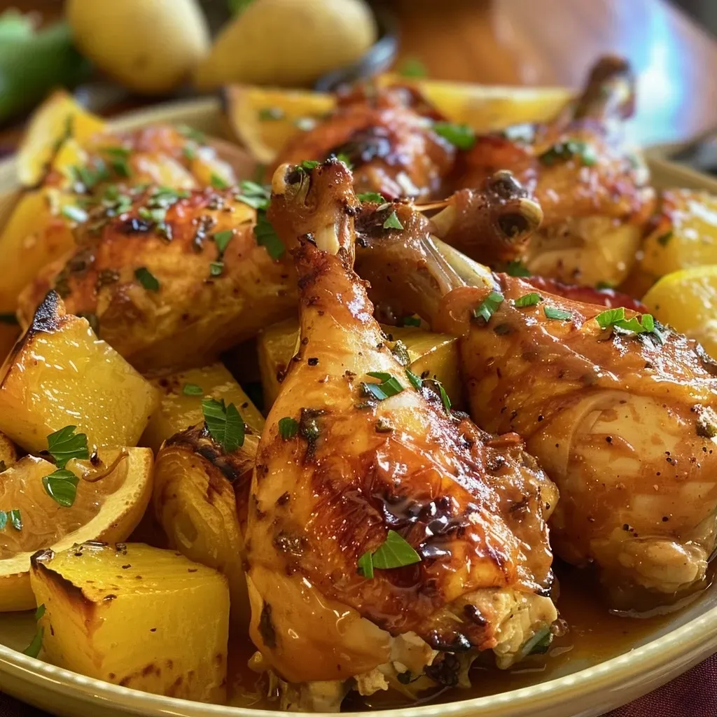 ['Pollo a la Piña jugoso servido con guarniciones frescas.', 'Primer plano de Pollo a la Piña con salsa caramelizada.', 'Porción de Pollo a la Piña acompañado de vegetales.', 'Pollo a la Piña en un plato con coloridos ingredientes.']