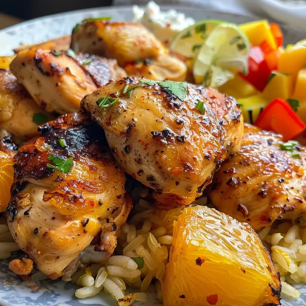 ['Pollo a la Piña jugoso servido con guarniciones frescas.', 'Primer plano de Pollo a la Piña con salsa caramelizada.', 'Porción de Pollo a la Piña acompañado de vegetales.', 'Pollo a la Piña en un plato con coloridos ingredientes.']
