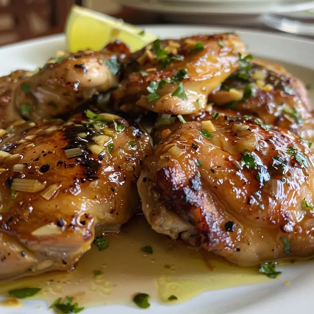 ['Pechugas de pollo cocinadas en mantequilla y ajo, presentadas en un plato.', 'Primer plano de Pollo al ajo con mantequilla, mostrando los trozos dorados.', 'Pollo al ajo con mantequilla servido en un plato, con perejil y gajos de limón.', 'Trozos de pollo al ajo con mantequilla, iluminados de manera apetitosa.']