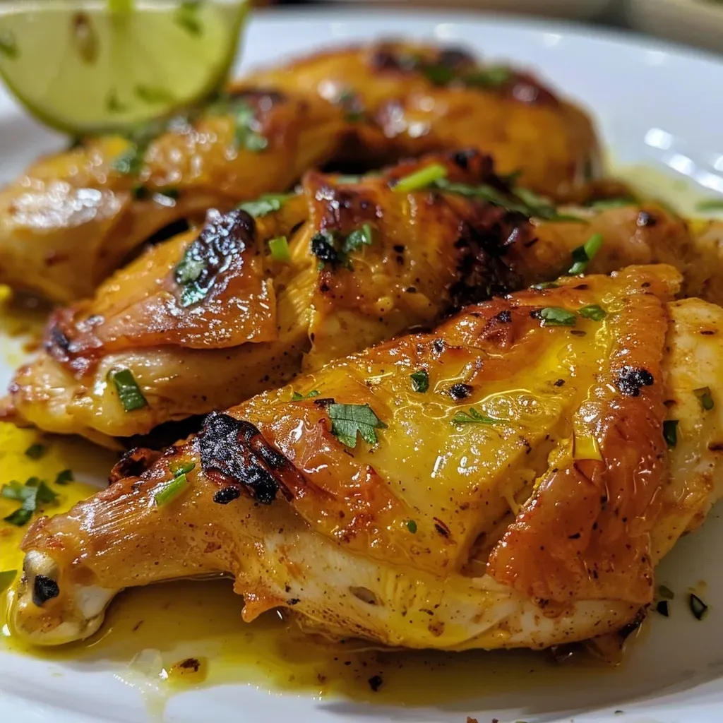 ['Pechugas de pollo cocinadas en mantequilla y ajo, presentadas en un plato.', 'Primer plano de Pollo al ajo con mantequilla, mostrando los trozos dorados.', 'Pollo al ajo con mantequilla servido en un plato, con perejil y gajos de limón.', 'Trozos de pollo al ajo con mantequilla, iluminados de manera apetitosa.']