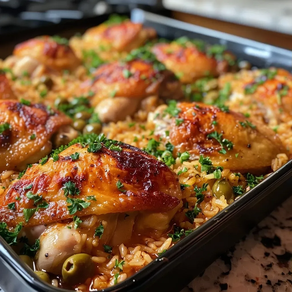 ['Pollo al horno con aceitunas y arroz en una sartén.', 'Primer plano de un plato de pollo con aceitunas y arroz.', 'Receta de pollo al horno con aceitunas servido en una sartén.', 'Imagen de pollo, aceitunas y arroz preparados en una sola sartén.']