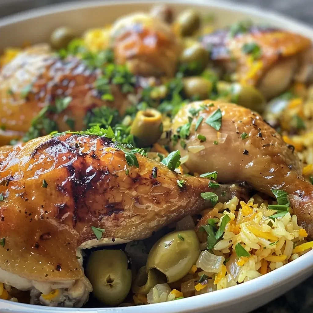['Pollo al horno con aceitunas y arroz en una sartén.', 'Primer plano de un plato de pollo con aceitunas y arroz.', 'Receta de pollo al horno con aceitunas servido en una sartén.', 'Imagen de pollo, aceitunas y arroz preparados en una sola sartén.']