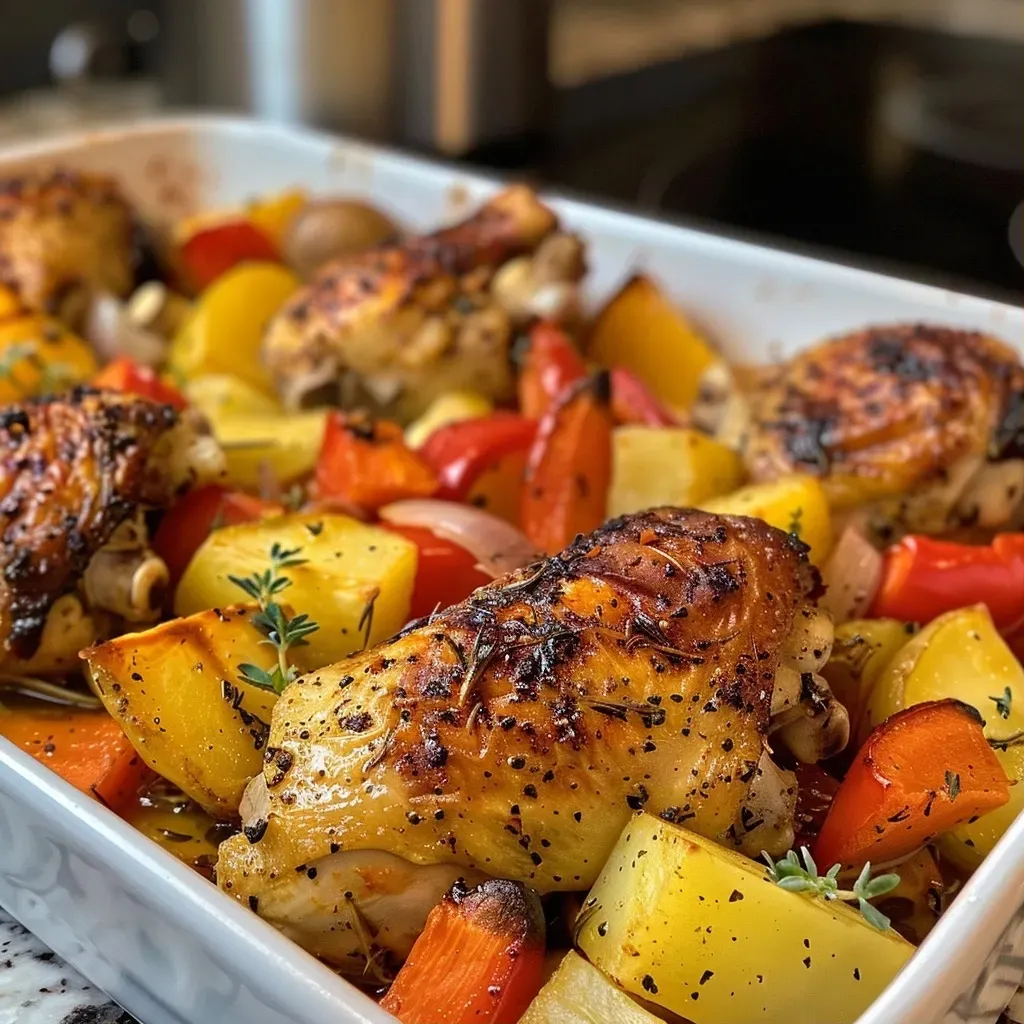 ['Pollo al horno con ajo y verduras asadas en un plato.', 'Vista lateral de un plato con muslos de pollo y verduras.', 'Muslos de pollo al horno acompañados de papas y zanahorias.', 'Pollo asado con ajo y coloridas verduras en una mesa.']