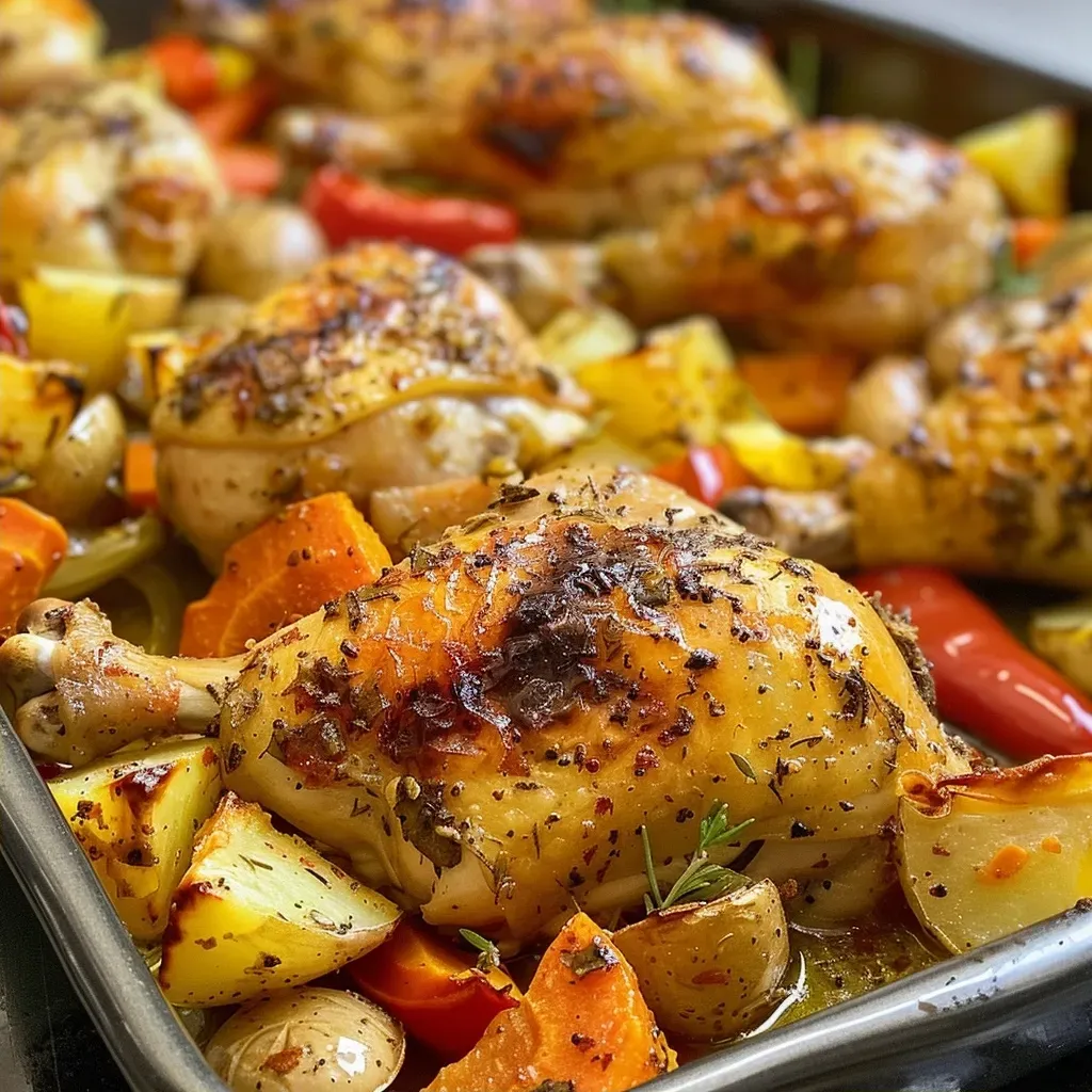 ['Pollo al horno con ajo y verduras asadas en un plato.', 'Vista lateral de un plato con muslos de pollo y verduras.', 'Muslos de pollo al horno acompañados de papas y zanahorias.', 'Pollo asado con ajo y coloridas verduras en una mesa.']