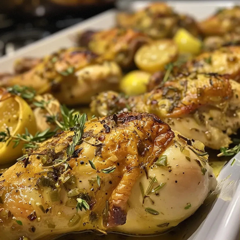 ['Pollo al horno dorado con hierbas frescas y limón.', 'Primer plano de un pollo al horno con especias y ajo.', 'Pollo jugoso y bien presentado, adornado con hierbas.', 'Vista lateral de pollo asado con hierbas frescas y limón.']