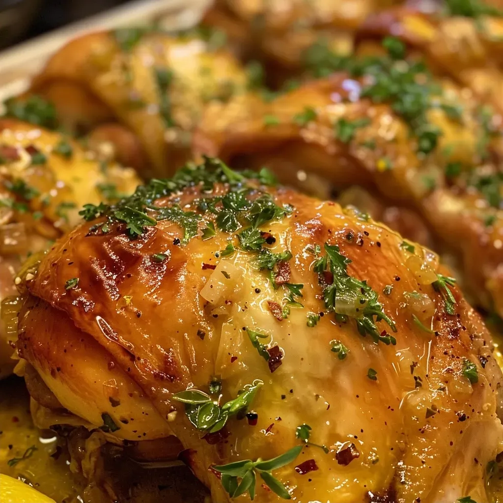 ['Pollo al horno dorado con hierbas frescas y limón.', 'Primer plano de un pollo al horno con especias y ajo.', 'Pollo jugoso y bien presentado, adornado con hierbas.', 'Vista lateral de pollo asado con hierbas frescas y limón.']