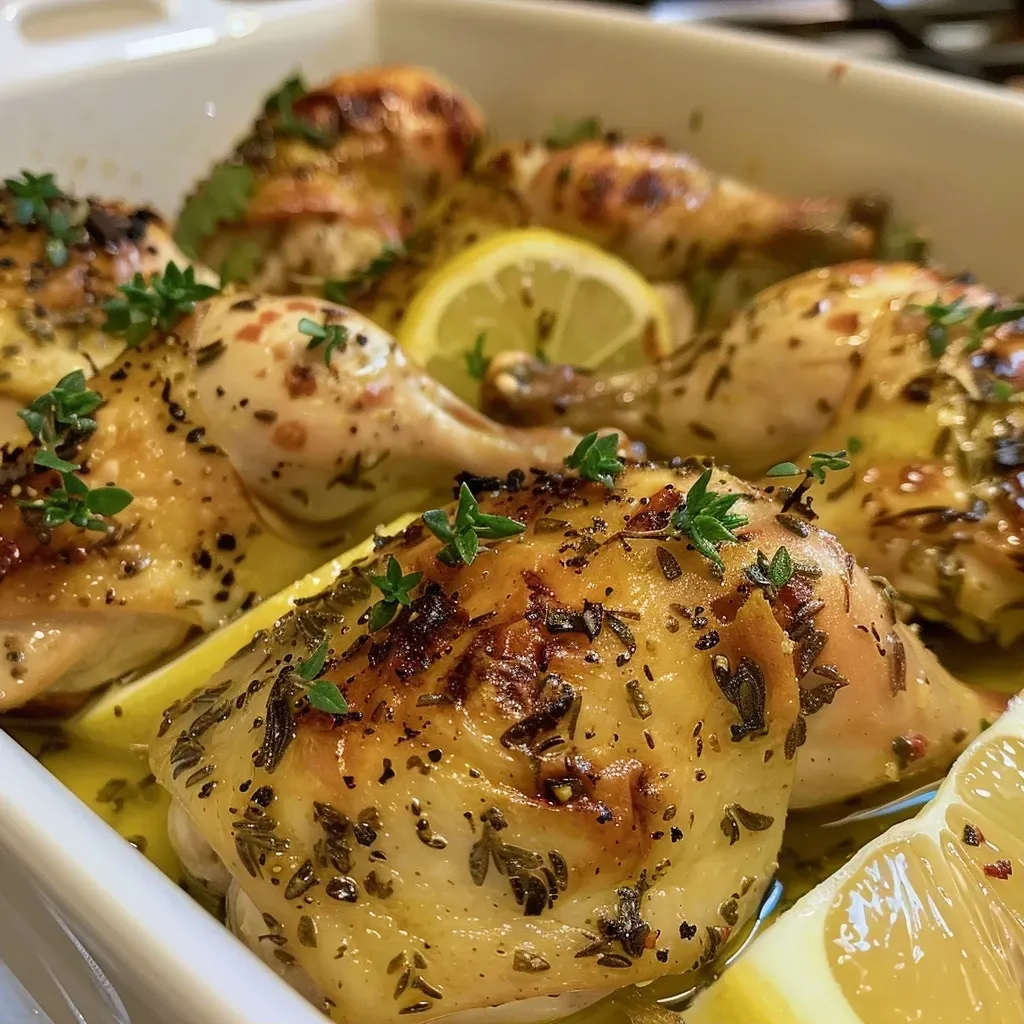 ['Pollo al horno con hierbas, presentado en un plato.', 'Vista lateral de un pollo al horno jugoso con hierbas frescas.', 'Primer plano de pollo al horno con rodajas de limón y hierbas.', 'Pollo al horno con piel dorada y guarnición de hierbas.']