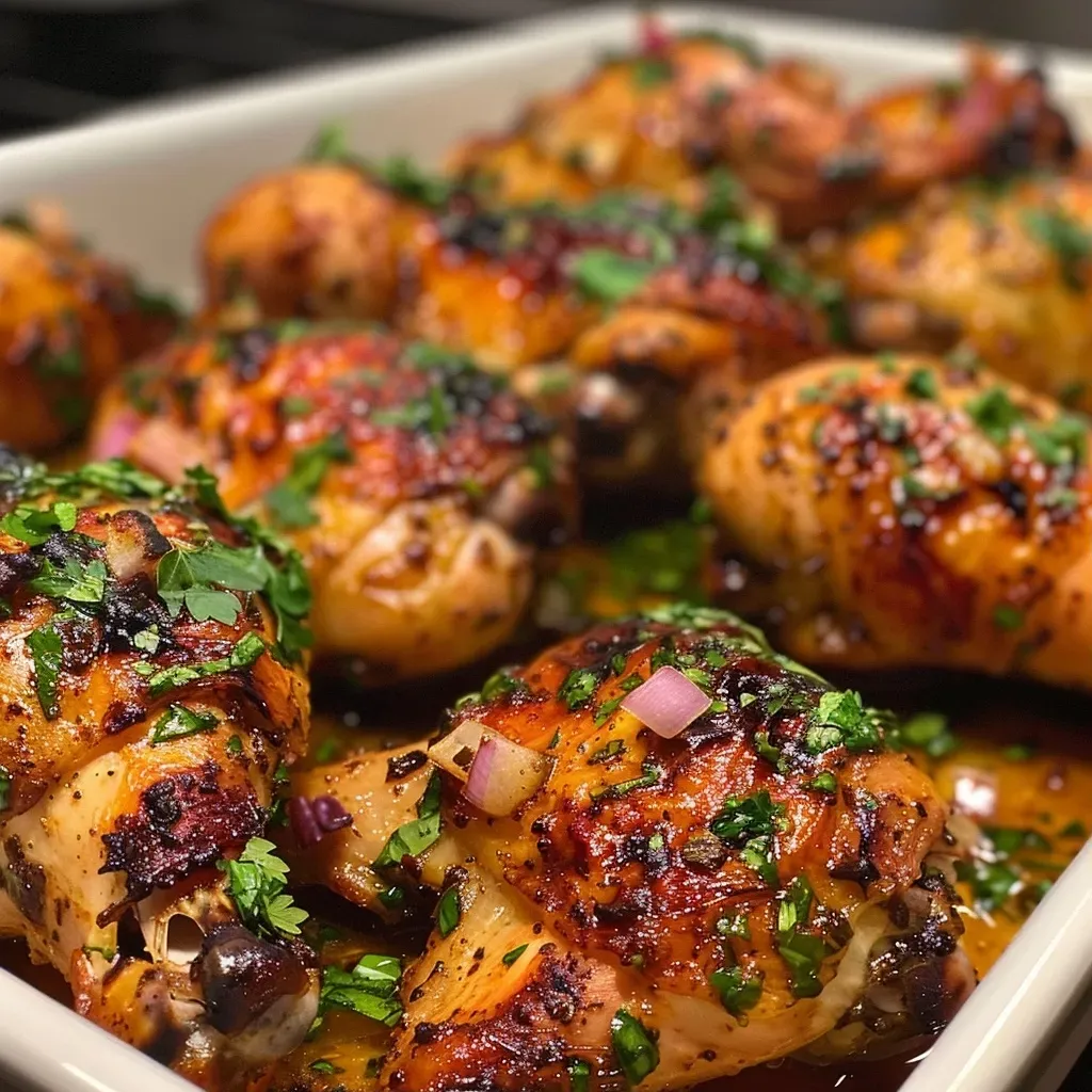 ['Pollo al horno glaseado con mantequilla de limón y hierbas.', 'Muslos de pollo dorados con salsa de limón y parmesano.', 'Plato de pollo al horno decorado con perejil fresco.', 'Visión lateral de pollo al horno con mantequilla de limón.']