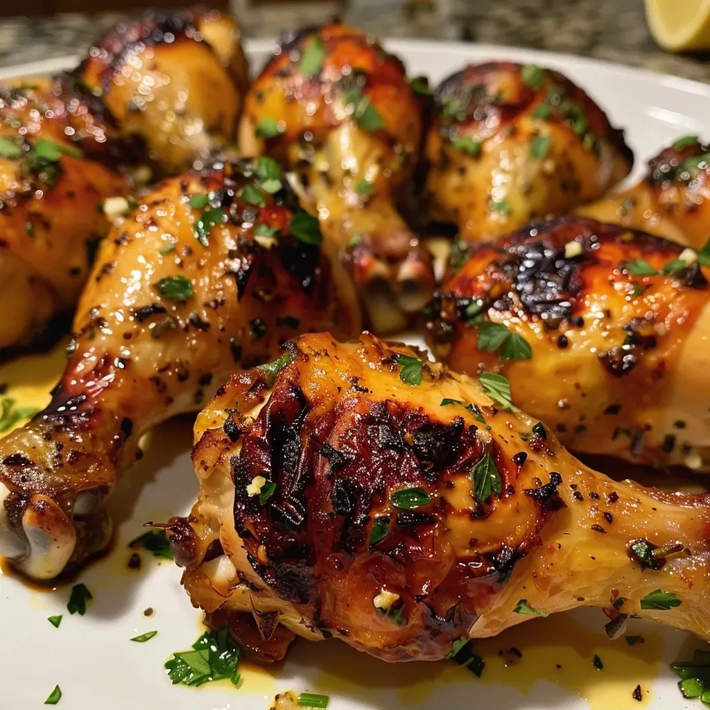 ['Pollo al horno glaseado con mantequilla de limón y hierbas.', 'Muslos de pollo dorados con salsa de limón y parmesano.', 'Plato de pollo al horno decorado con perejil fresco.', 'Visión lateral de pollo al horno con mantequilla de limón.']