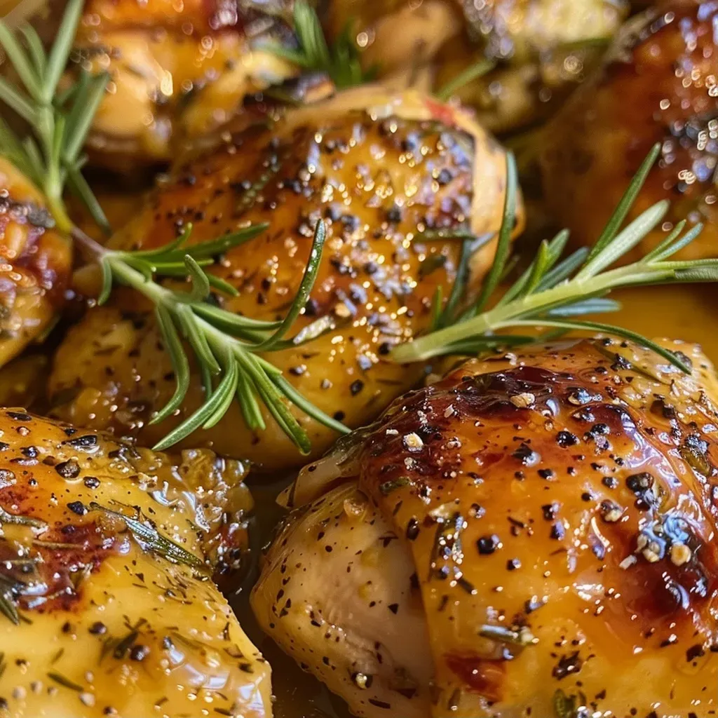 ['Pollo al horno bañado en salsa de mostaza y miel.', 'Primer plano de pechugas de pollo con glaseado de mostaza y miel.', 'Pollo jugoso con un acabado dorado y brillante de mostaza y miel.', 'Porción de pollo al horno con salsa de mostaza y miel.']