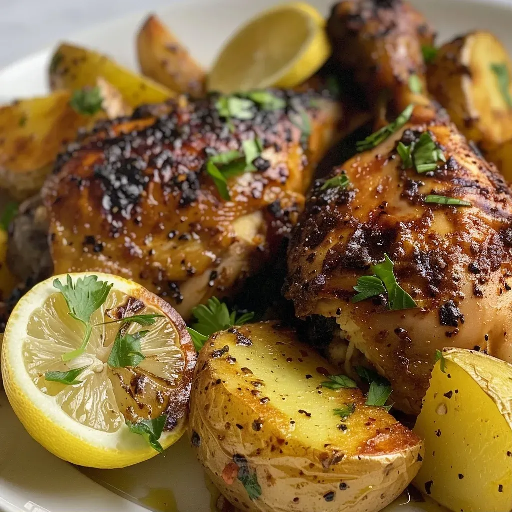 ['Pollo al horno con piel dorada y crujiente acompañado de gajos de patata.', 'Muslos de pollo al horno con limón y ajo, mostrando su jugosidad.', 'Close up de un plato de pollo al horno con piel crujiente y guarnición.', 'Vista lateral de muslos de pollo al horno limonados, con patatas en gajos.']