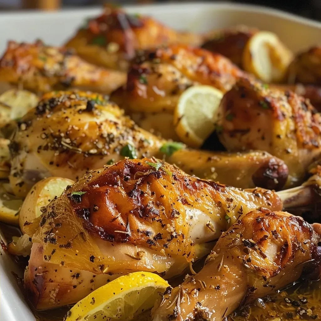 ['Muslos de pollo al horno con piel crujiente y acompañados de patatas.', 'Pollo al horno con limón y ajo, presentado en un plato con patatas doradas.', 'Detalle de muslos de pollo jugosos al horno, con ajo y limón.', 'Imagen de pollo al horno resaltando su piel crujiente y color dorado.']