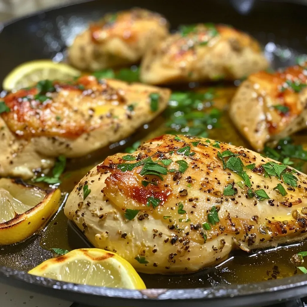 ['Pollo al limón y ajo, jugoso y dorado, servido en un plato.', 'Pechugas de pollo cocinadas con ajo y limón, vistas en primer plano.', 'Preparación de pollo al limón y ajo, mostrando su textura y color.', 'Pollo al limón y ajo, presentado con perejil fresco como guarnición.']