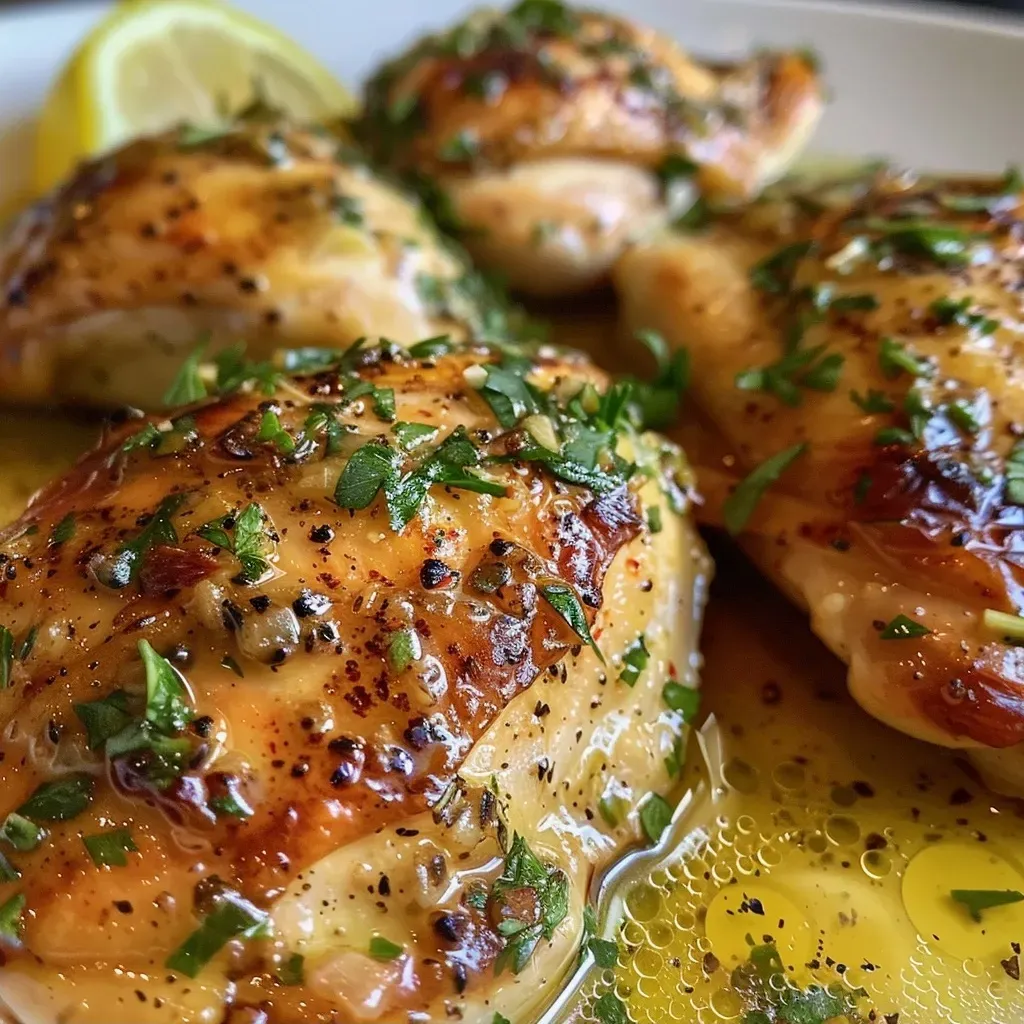 ['Pollo al limón y ajo, jugoso y dorado, servido en un plato.', 'Pechugas de pollo cocinadas con ajo y limón, vistas en primer plano.', 'Preparación de pollo al limón y ajo, mostrando su textura y color.', 'Pollo al limón y ajo, presentado con perejil fresco como guarnición.']