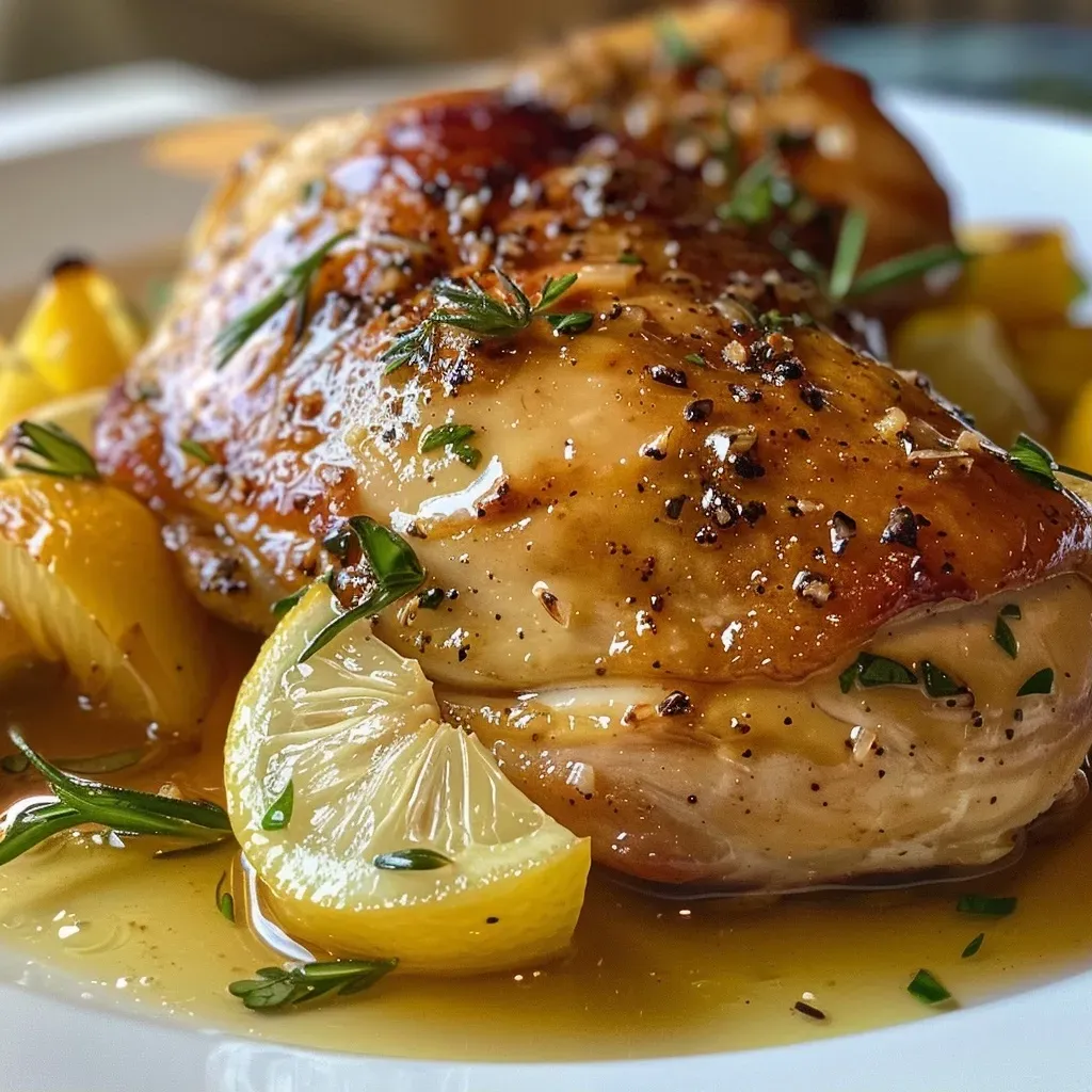 ['Pollo al limón y romero asado, presentado con hierbas frescas.', 'Vista lateral de un pollo al horno con rodajas de limón y romero.', 'Pollo jugoso preparado con limón y romero, listo para servir.', 'Primer plano de un pollo al horno con ajo y cebolla morada.']